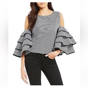 Gianni Bini Top Lexi Gingham Tiered Sleeves Cold Shoulder Blouse